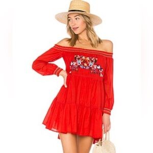 Free People Sunbeams Embroidered Boho Off Shoulder Mini Dress Red Large